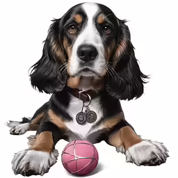 a dog that is laying down next to a ball