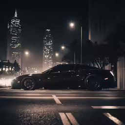 a car sitting on the side of the road in the dark