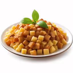 a white plate with pieces of cheesy potatoes on top