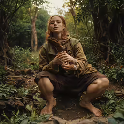 woman sitting down with hands on her chest in the woods
