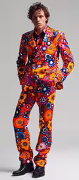 an image of a man in colorful suit standing,a man dressed in an unusual and colorful suit