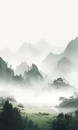 mist in the mountains with small trees on each side