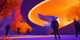 people in suits and trees at night with a huge colorful sculpture
