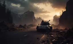a vehicle parked on the side of a road next to tall rocks