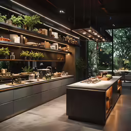 a large room filled with plants and a counter