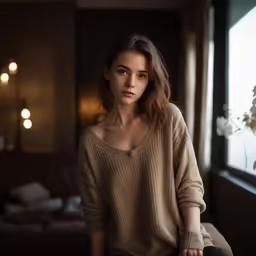 a woman is posing by the window in a dark room