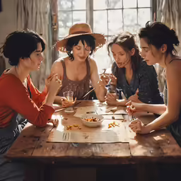 the three girls sit around a table having some food