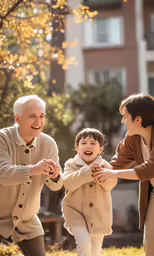 the grandmother, father and two children are playing together