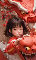 the child is playing with some fake sculptures