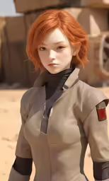 a woman wearing grey and black clothes next to a tank