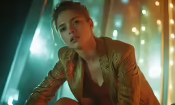 the beautiful woman poses in front of a light up display