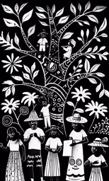 a black and white tree with three people standing under it