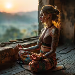 woman in meditation position on a wooden deck in front of the mountain,a tattooed woman sitting on a ledge doing yoga