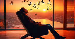 a man is sitting in a chair with music notes floating out of the air,a man sitting in a chair and looking at a music note coming from him
