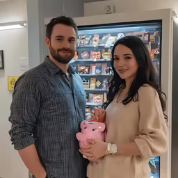 a man and woman holding a pink piggy bank