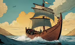 a painting of a boat sailing on the ocean,the old ship is sailing in the blue ocean