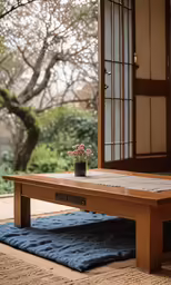 a table with a potted plant sitting on top
