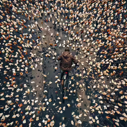 a view down at a bike rider surrounded by a flock of birds