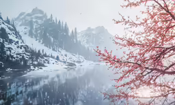 a river surrounded by snow covered mountains near a forest