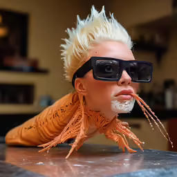 a lady with her hair pulled back is posing in a costume and glasses