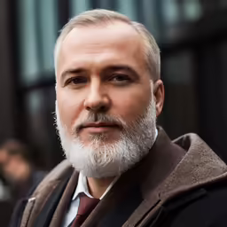 a bearded man wearing a brown coat looks at the camera