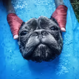a pug puppy taking a shower on a blue bathtub