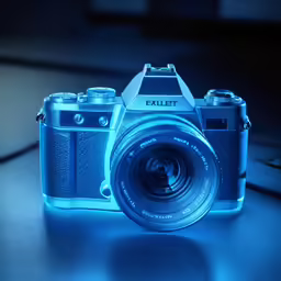 an illuminated camera is sitting on a table