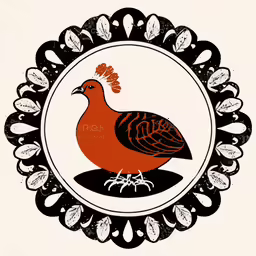 the red bird is sitting in a round picture frame