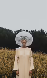 a woman standing in a field wearing a hat with net