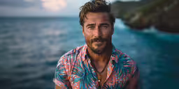 a man is standing in the water with blue and pink,a man is staring into the distance over the water