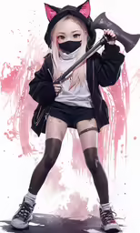 a young woman in black clothes holding an axe