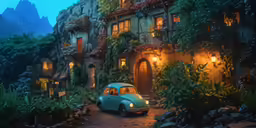 a car sitting outside of a house surrounded by greenery
