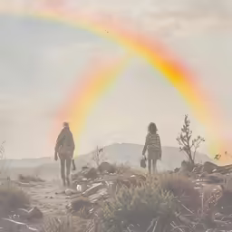 a couple of people walking across a dirt road