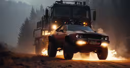 the car in front is being watched by an object,there is a truck with a light up trailer