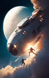 the poster depicts a man and woman flying through space in front of a giant white object
