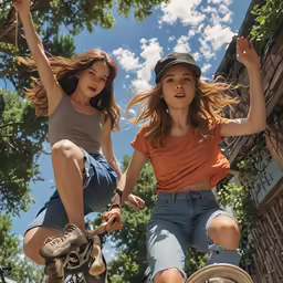 two young girls are riding bikes together