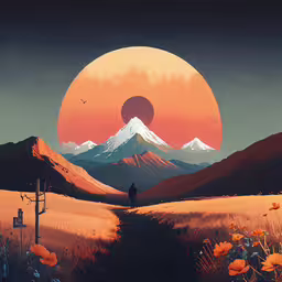 a man in a field looks at a volcano,a landscape with a person in the foreground