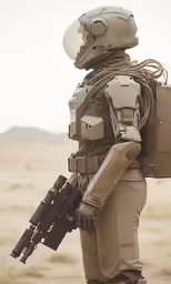 an army man is holding a machine gun in the desert