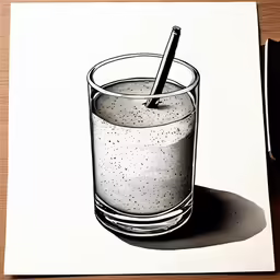 a pen on top of a paper next to a glass of liquid