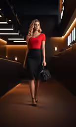 a woman wearing a red top, black skirt and shoes walks down a dark hall