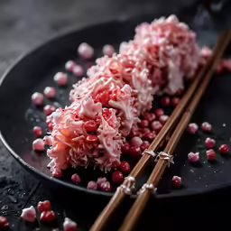 some sticks are sitting on a plate with some food on top