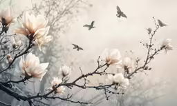 a branch with flowers and some birds flying around