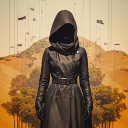 a hooded woman stands at the foot of a desert scene
