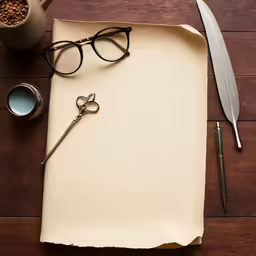 a pen, eye glasses, paper, and knife sit on a table next to a coffee mug