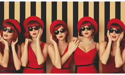 four women wearing matching hats and sunglasses posing together