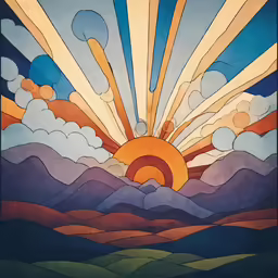 a colorful sunset on a mountain top, with clouds and sun