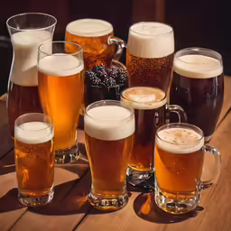 different beers and glasses with their names on them