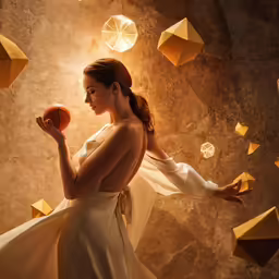 a beautiful woman wearing white standing in front of an abstract wall