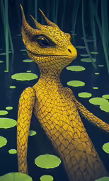 a large yellow lizard sitting on top of a lake
