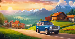 a painting with the painting of a van on the road,the blue car is going down the road